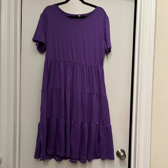 Purple Tiered Short Sleeve Midi‎ Dress (Size Unknown) (2XL) (NEW) - Picture 2 of 16